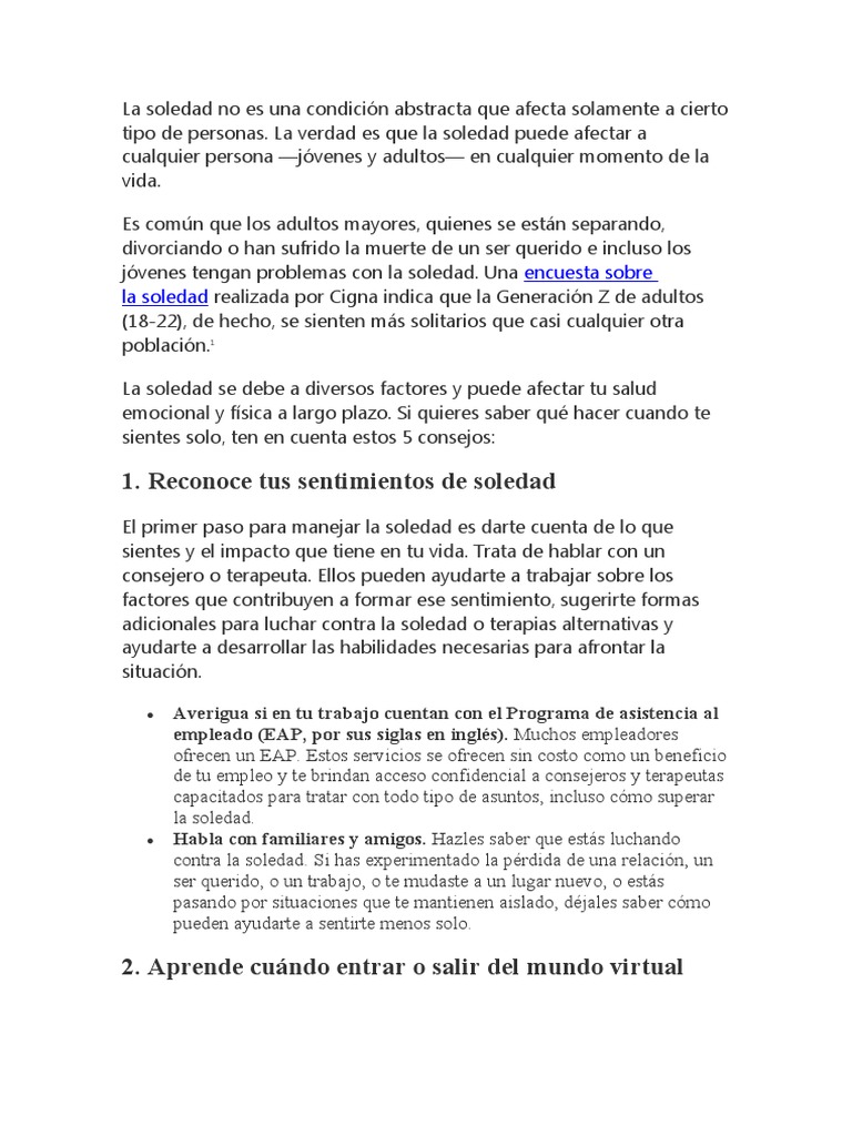 5 Consejos para Superar la Soledad | PDF | Soledad | Conceptos psicologicos