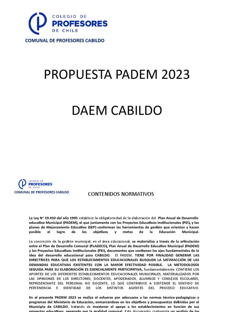 Propuesta PADEM 2023 para Cabildo | PDF | Maestros | Enseñando