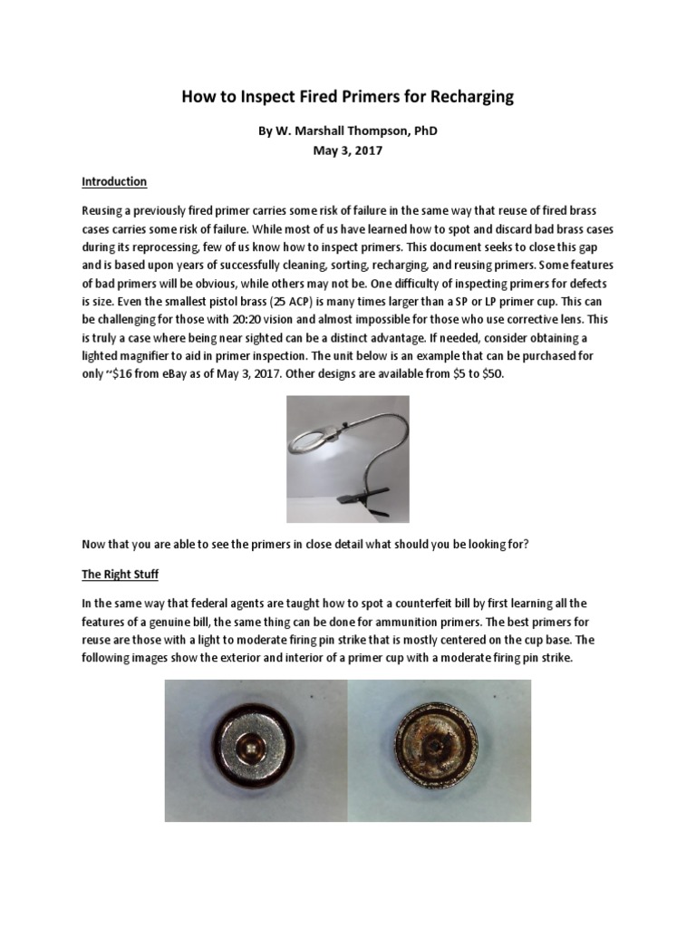 Inspecting Fired Primers for Reuse | PDF | Cartridge (Firearms) | Firearms