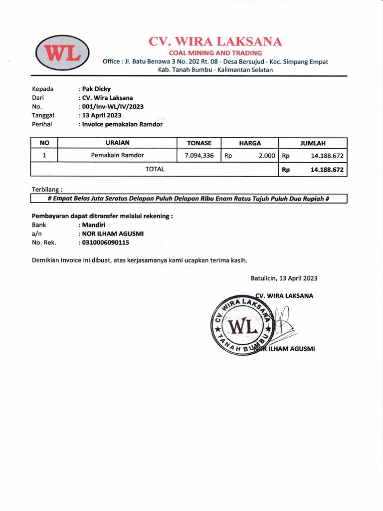 Invoice Ramdor Ke Pak Dicky - 0001 | PDF
