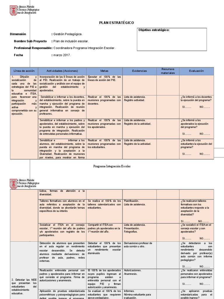 Plan Estratégico de Inclusión Escolar | PDF | Evaluación | Enseñando