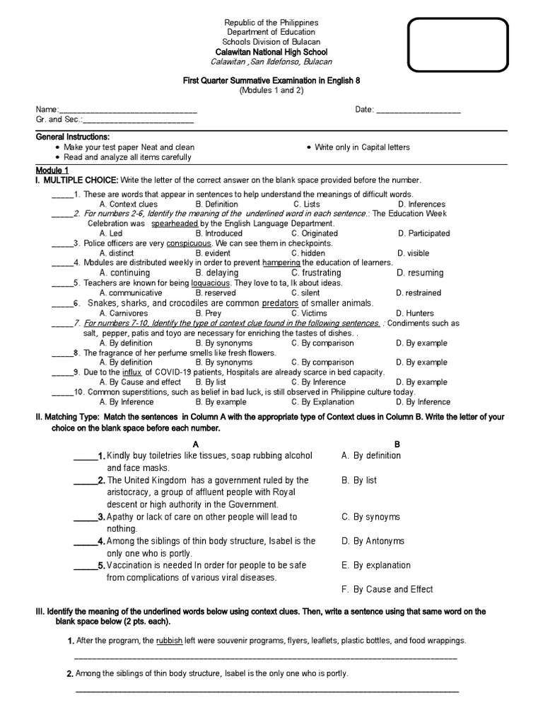 First Summative Test-English 8 Modules 1 and 2 | PDF | Citation
