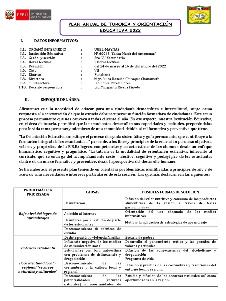 Plan Anual de Tutoría 2022 en Secundaria | PDF | Evaluación | Aprendizaje
