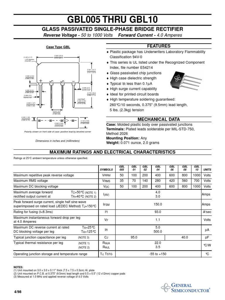 GBL06 Bridge | Download Free PDF | Rectifier | Electrical Equipment