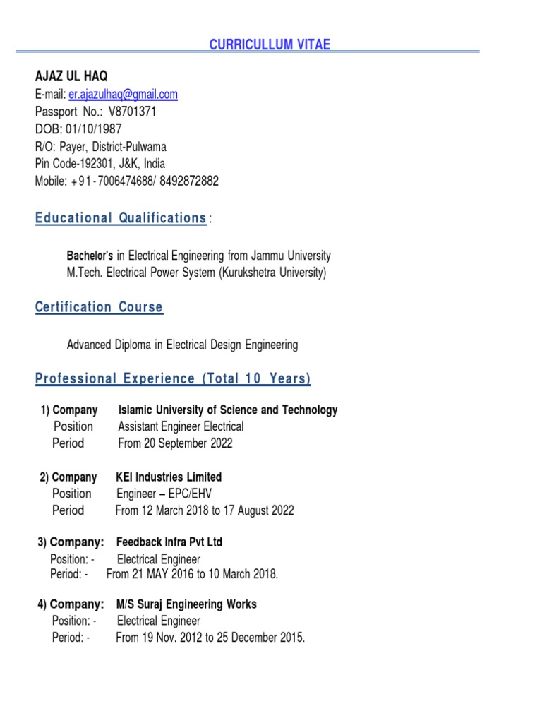 Resume Formate (10 Years Experience) | PDF