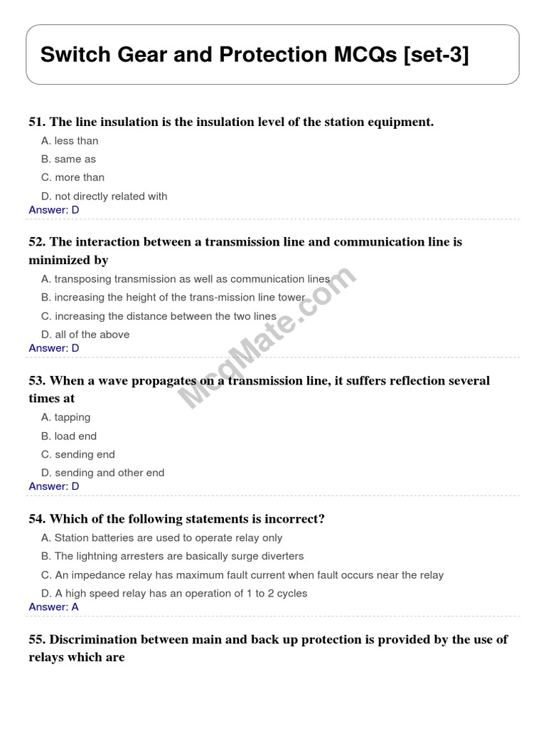 Switch Gear and Protection Solved MCQs (Set3) PDF
