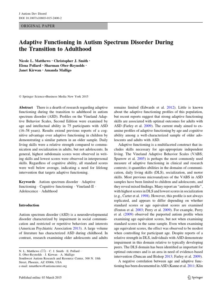 Adaptive Functioning in Autism Spectrum Disorder During | PDF