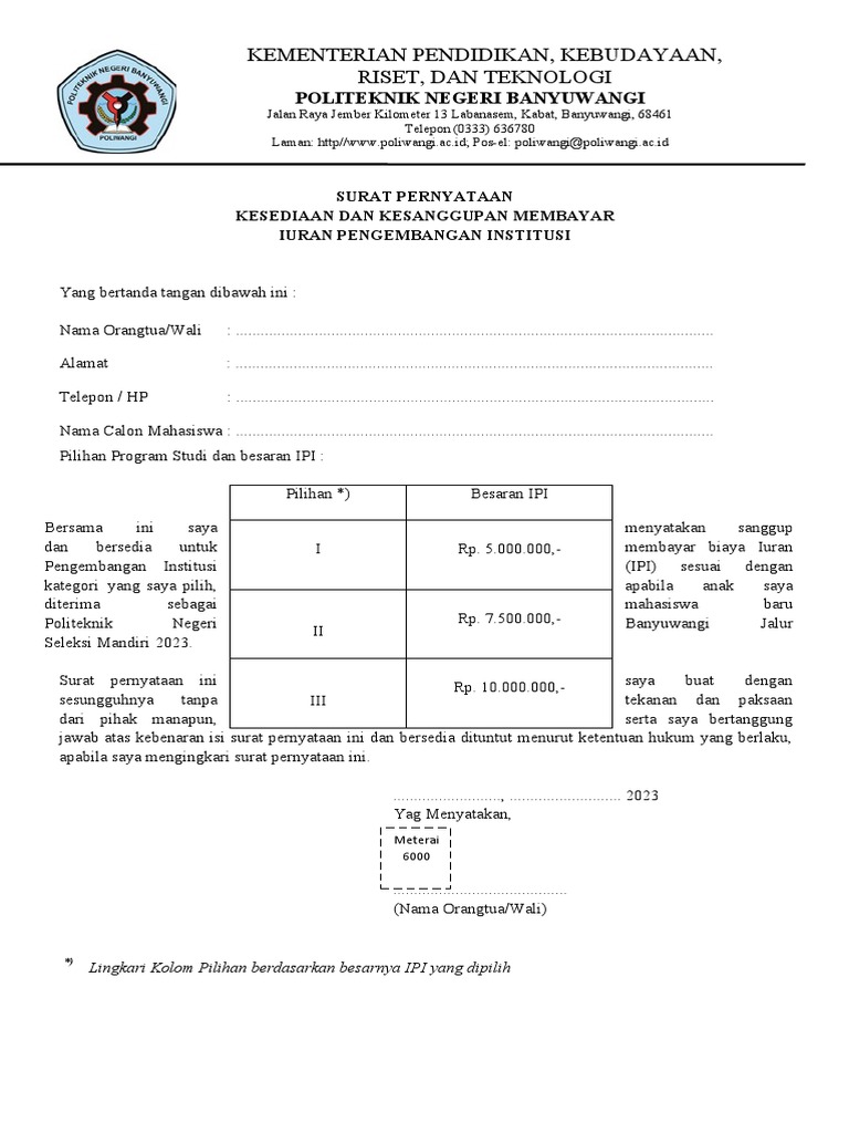 Surat Pernyataan Kesanggupan IPI | PDF