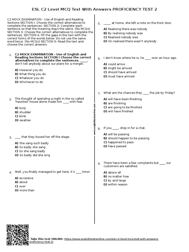 691 Esl c2 Level MCQ Test With Answers Proficiency Test 2 Download