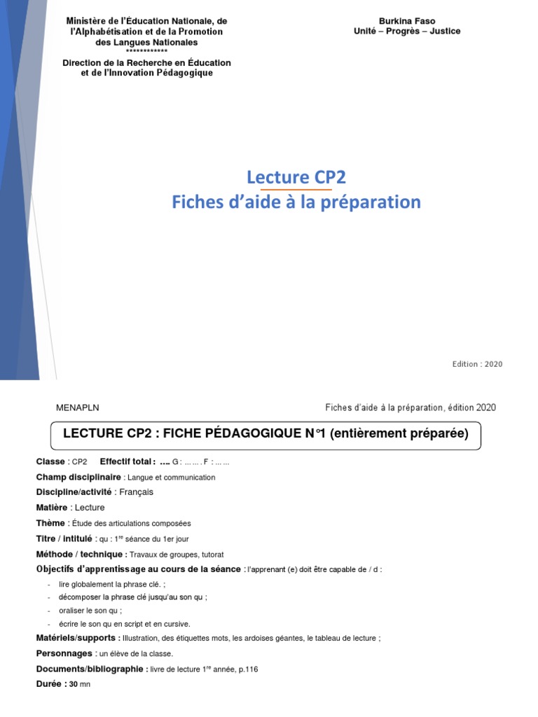 Fiches Pédagogiques Lecture CP2 | PDF | Pédagogie | Apprentissage