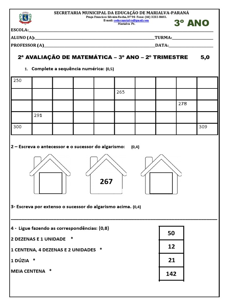 Avaliação Matematica - 3 Ano - 2 Trimestre | PDF | Matemática