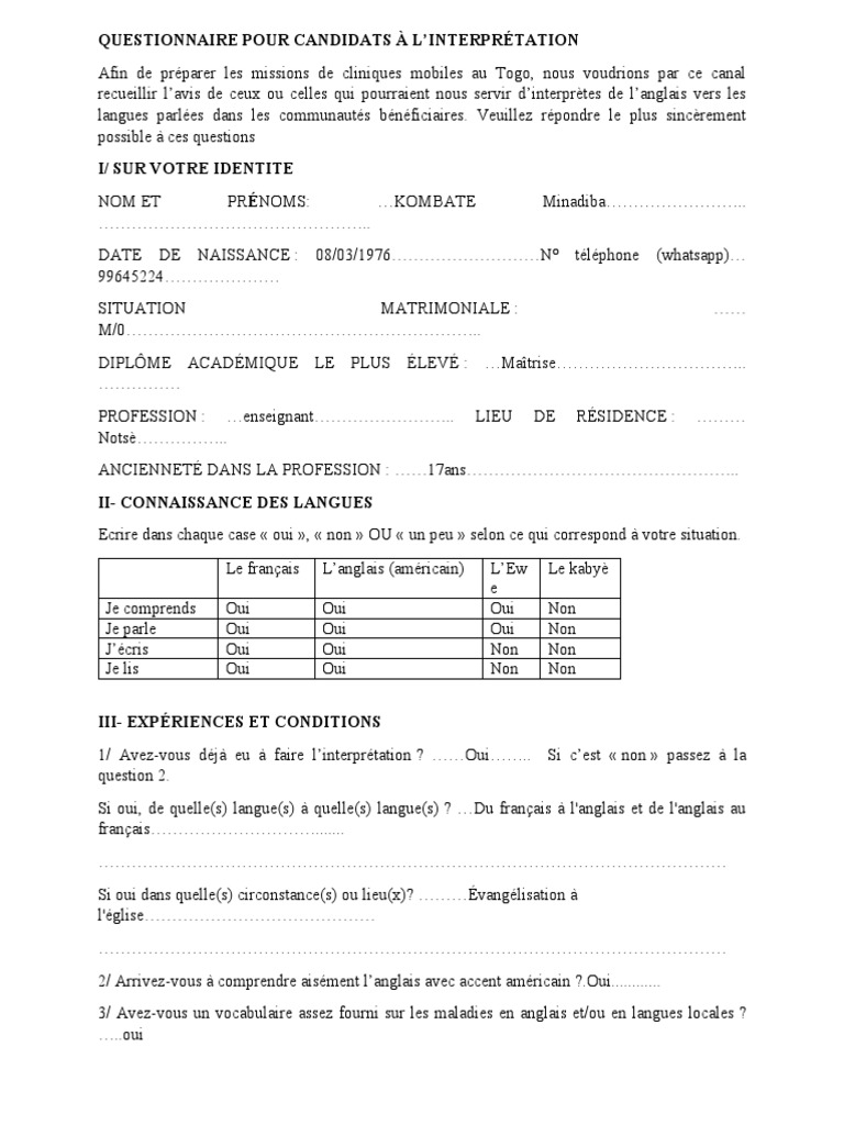 Questionnaire Pour Candidats À L-2 | PDF