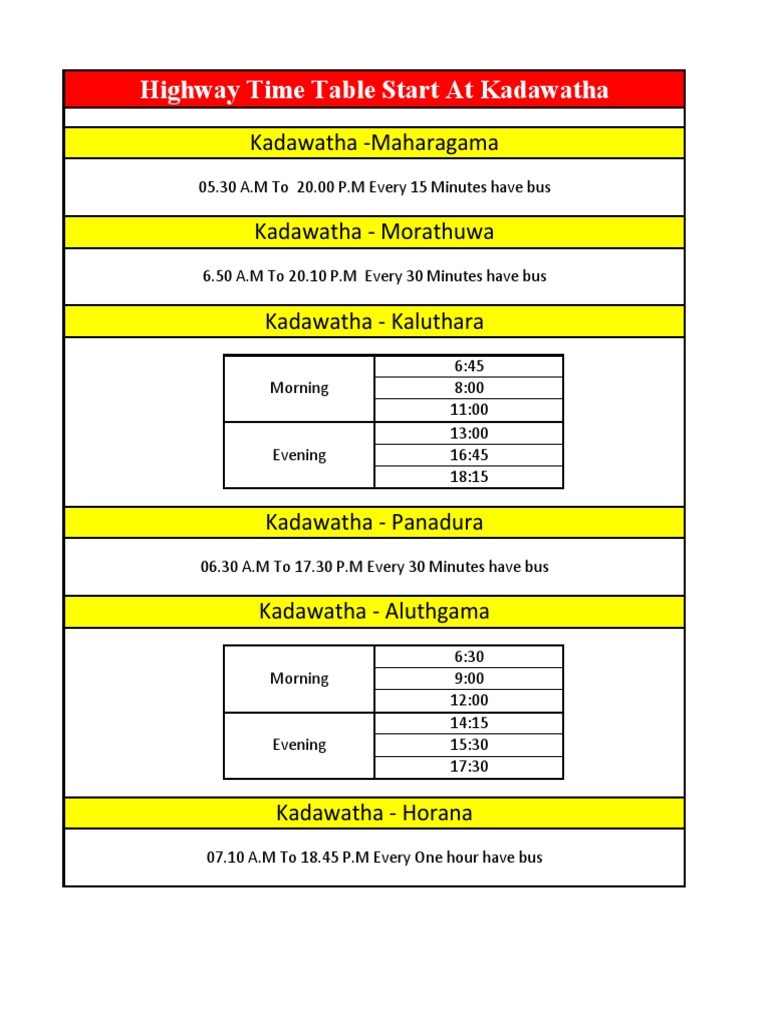 Kadawatha Highway Bus Timetable | PDF