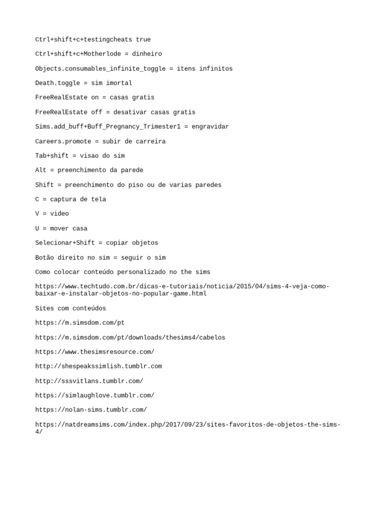 Dicas e Códigos para The Sims 4, PDF