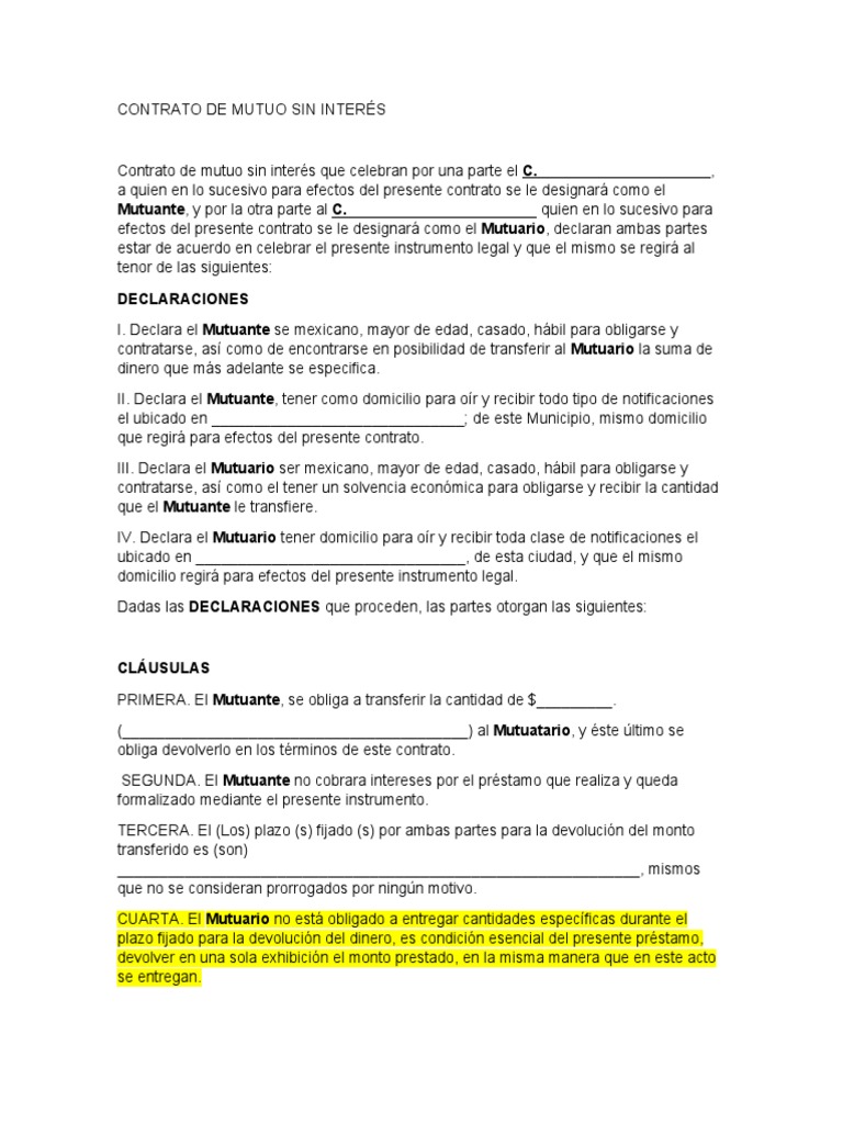 Contrato de Mutuo Sin Interés PDF Business Servicios financieros