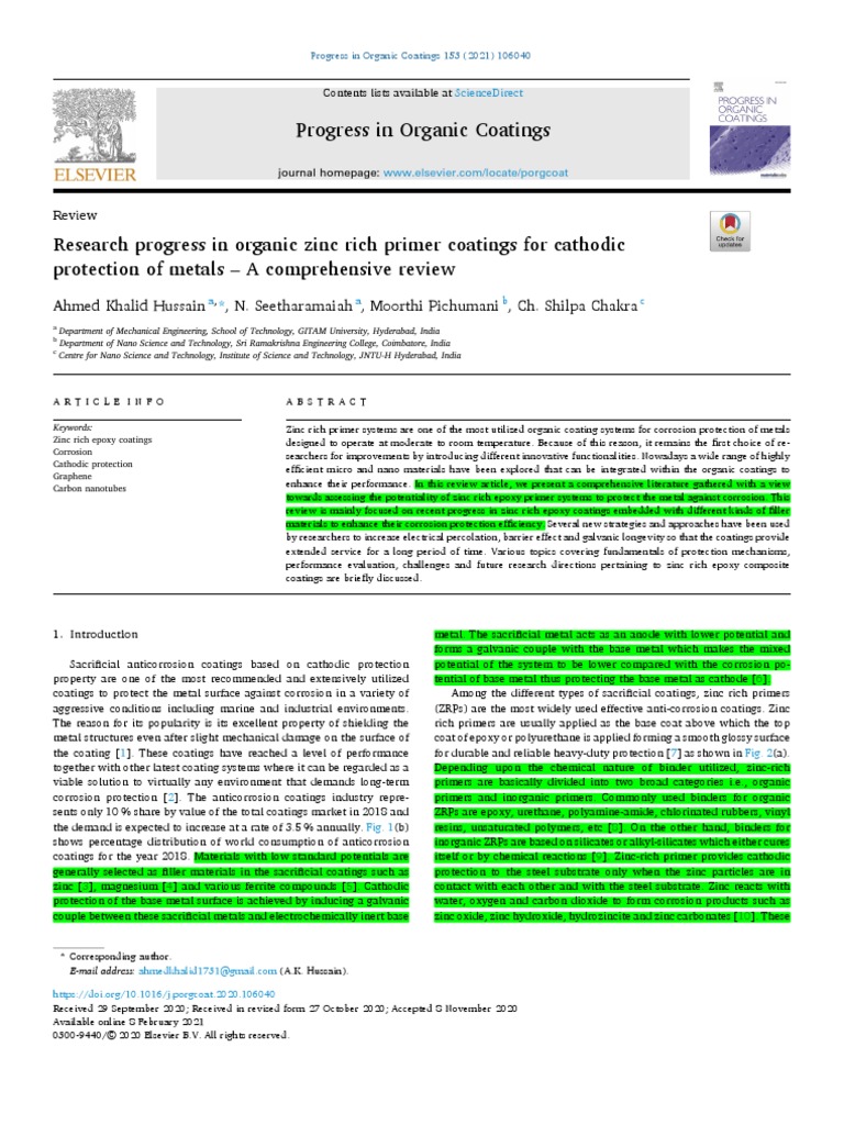 Research Progress in Organic Zinc Rich Primer Coatings For Cathodic ...