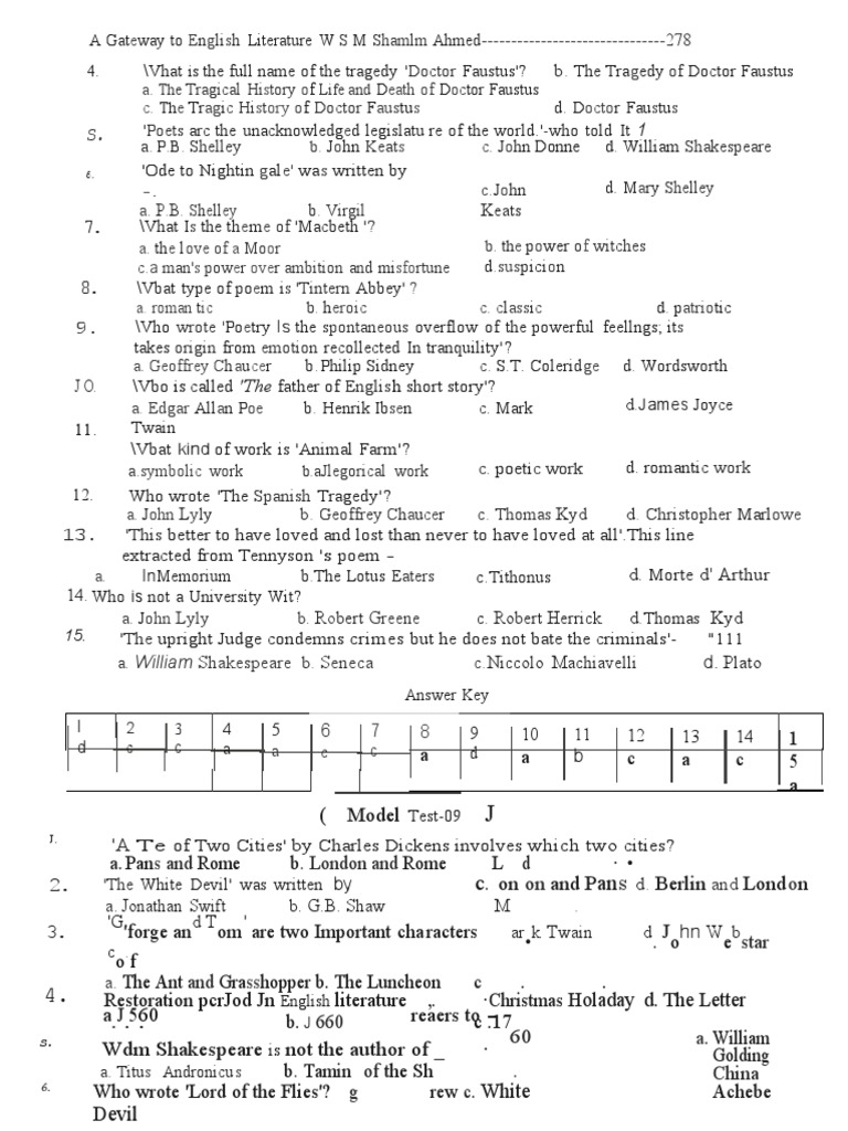 English Literature Exam Answer Key | PDF | English Literature | William ...