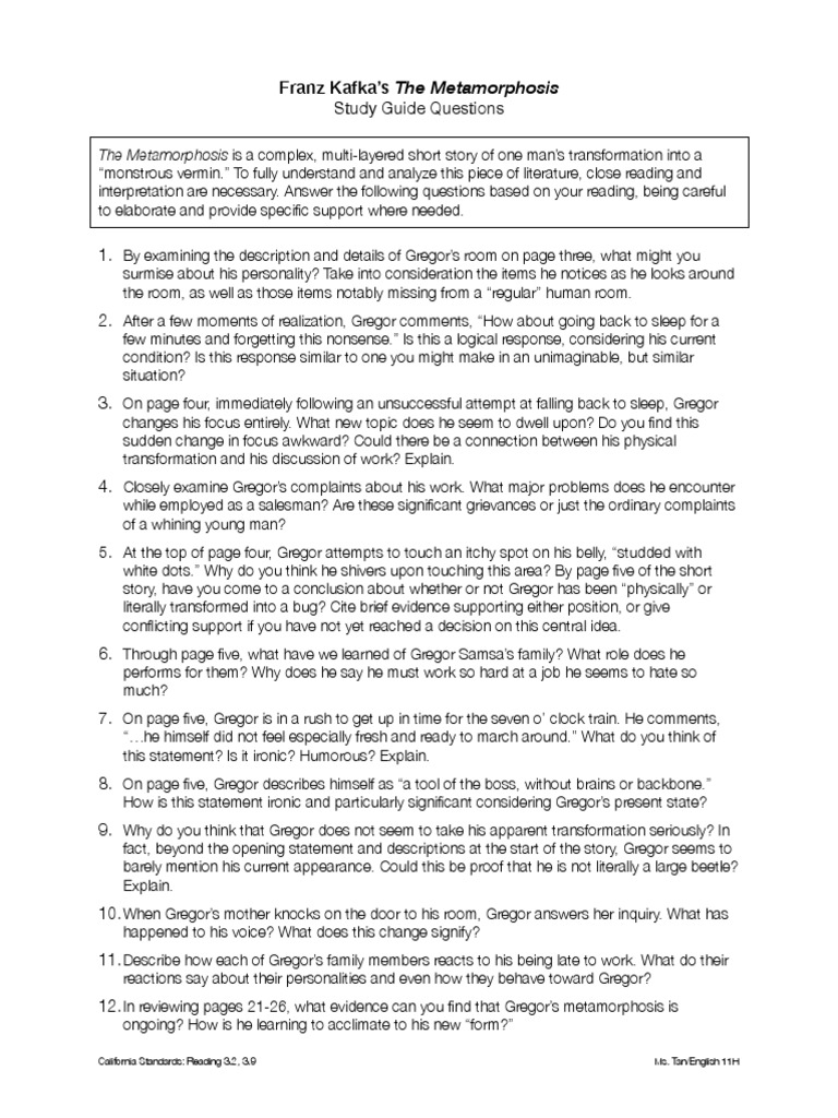 The Metamorphosis Study Guide Questions 2015 PDF