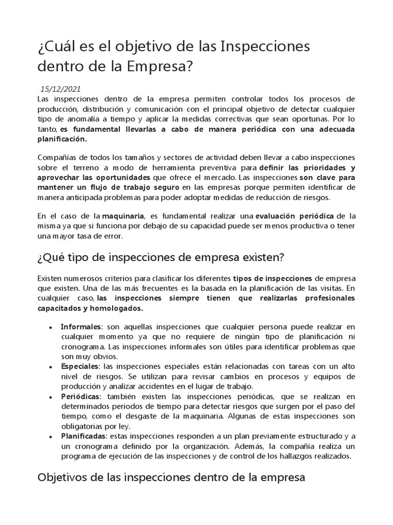 Cuál Es El Objetivo de Las Inspecciones Dentro de La Empresa | PDF ...