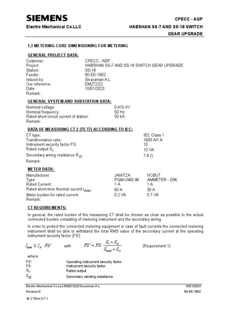 1.3 CL 1 CT Calculation PDF Physical Quantities Electrical
