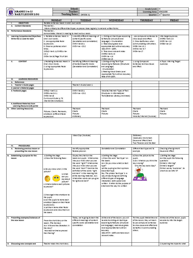 Grade 5 DLL English 5 Q4 Week 1 | Download Free PDF | Flashcard | Learning