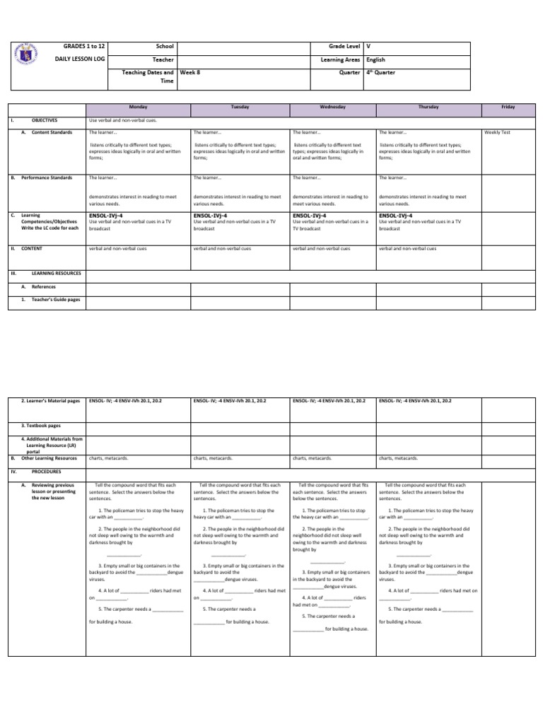 Grade 5 DLL English 5 Q4 Week 8 | PDF