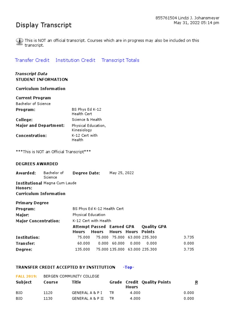 Unofficial Transcript for BS in Physical Education | PDF