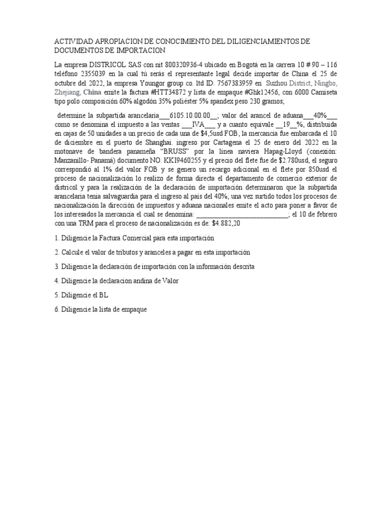 Taller 2 Declaracion De Importacion Pdf