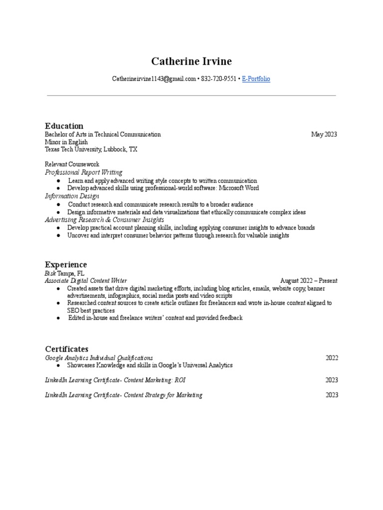 Catherine Irvine Resume PDF - 1690848367