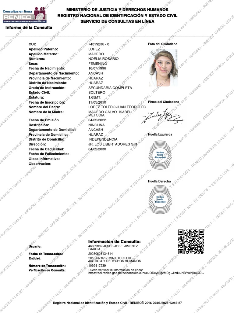 Ficha Registral RENIEC de Noelia Lopez | PDF | Gobierno y personalidad