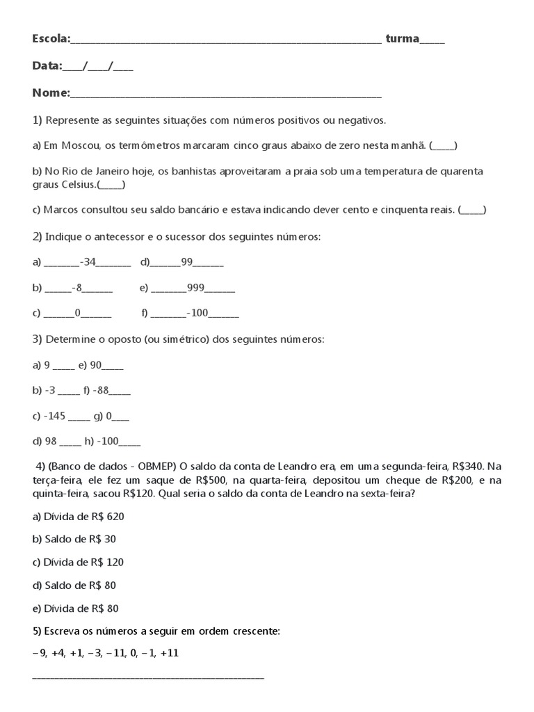 Atividade 7 Ano Números Inteiros | PDF