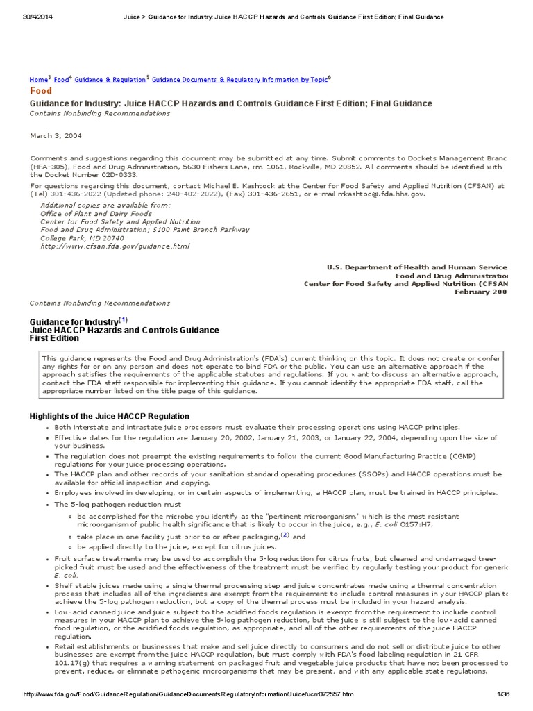 Juice Guidance For Industry Juice HACCP Hazards and Controls