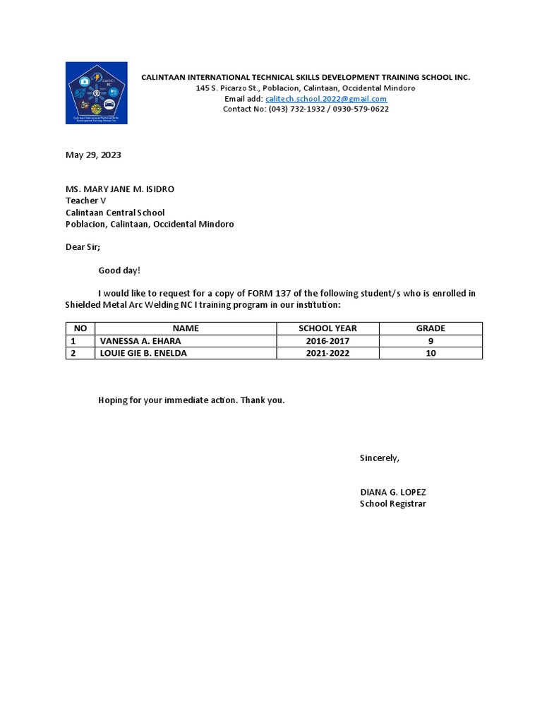 Form 137 Request | PDF