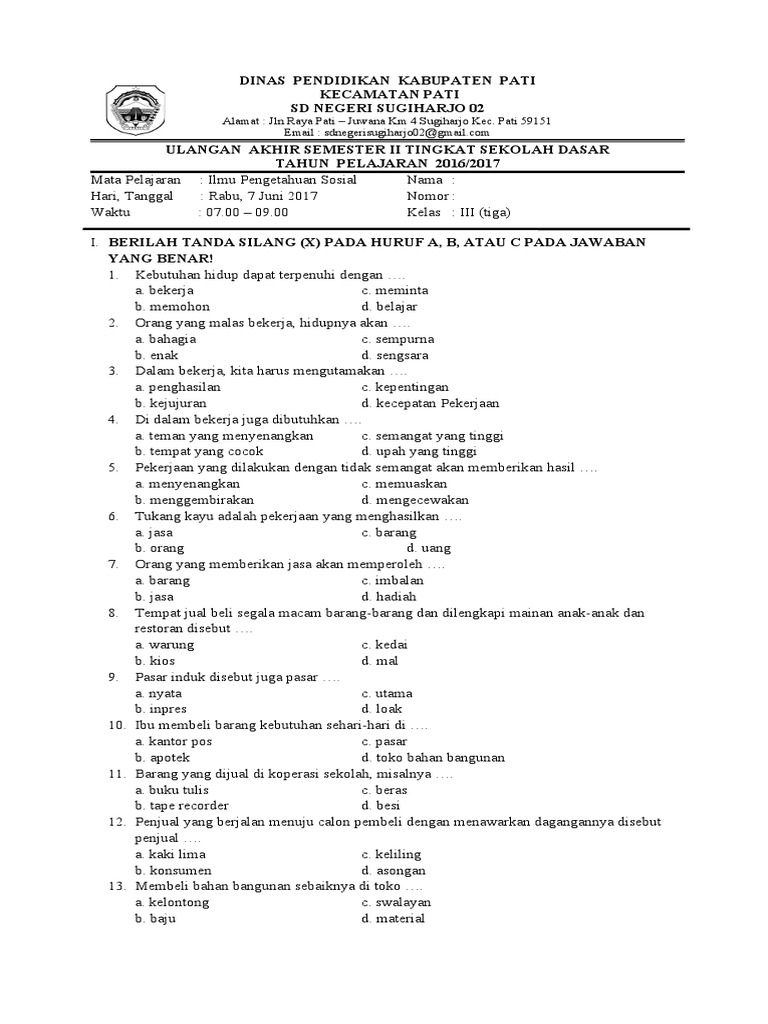 >” title=”>”></p>
<p>Mata pelajaran IPS di Kelas 3 umumnya mencakup berbagai topik fundamental yang membangun kesadaran siswa terhadap dunia di sekitarnya. Materi-materi ini seringkali meliputi:</p>
<ul>
<li><strong>Lingkungan Sekitar:</strong> Pengenalan tentang alam, jenis-jenis lingkungan (pedesaan, perkotaan), komponen alam (air, udara, tanah), serta interaksi manusia dengan lingkungannya.</li>
<li><strong>Keluarga dan Lingkungan Terdekat:</strong> Struktur keluarga, peran anggota keluarga, pentingnya kerukunan, serta kebiasaan sehari-hari di rumah.</li>
<li><strong>Tempat Tinggal:</strong> Mengenal jenis-jenis tempat tinggal, denah sederhana, serta pentingnya menjaga kebersihan lingkungan tempat tinggal.</li>
<li><strong>Sosial Budaya:</strong> Pengenalan tentang keragaman suku bangsa, bahasa, adat istiadat, dan pentingnya menghargai perbedaan.</li>
<li><strong>Pahlawan dan Tokoh Lokal:</strong> Mempelajari tentang jasa-jasa pahlawan nasional maupun tokoh-tokoh penting di daerahnya.</li>
<li><strong>Sejarah Sederhana:</strong> Pengenalan tentang masa lalu, peninggalan sejarah sederhana, dan bagaimana sejarah membentuk kehidupan saat ini.</li>
</ul>
<p>Tanpa latihan yang memadai, siswa mungkin kesulitan untuk mengaitkan konsep-konsep abstrak dengan pertanyaan-pertanyaan yang diajukan dalam ujian. Latihan soal UKK IPS Kelas 3 menawarkan beberapa keuntungan signifikan:</p>
<ol>
<li><strong>Mengenal Format Soal:</strong> Setiap ujian memiliki format dan tipe soal yang khas. Dengan berlatih, siswa akan terbiasa dengan jenis-jenis pertanyaan yang sering muncul, baik itu pilihan ganda, isian singkat, maupun uraian. Ini membantu mengurangi rasa cemas dan kebingungan saat menghadapi ujian sesungguhnya.</li>
<li><strong>Mengukur Pemahaman:</strong> Soal-soal latihan berfungsi sebagai alat ukur mandiri. Siswa dapat mengetahui sejauh mana pemahaman mereka terhadap setiap topik yang telah dipelajari. Area yang masih lemah dapat segera diidentifikasi untuk mendapatkan perhatian lebih.</li>
<li><strong>Meningkatkan Kepercayaan Diri:</strong> Semakin sering berlatih, semakin besar kepercayaan diri siswa. Mereka akan merasa lebih siap dan yakin mampu menjawab soal-soal yang diberikan.</li>
<li><strong>Memperdalam Materi:</strong> Proses menjawab soal mendorong siswa untuk mengingat kembali dan mengaplikasikan pengetahuan yang telah mereka peroleh. Ini bukan hanya tentang menghafal, tetapi juga memahami makna dan hubungan antar konsep.</li>
<li><strong>Mengelola Waktu:</strong> Latihan soal, terutama jika dilakukan dengan batasan waktu, membantu siswa belajar mengelola waktu dengan efektif. Mereka akan terbiasa memperkirakan berapa lama waktu yang dibutuhkan untuk setiap jenis soal.</li>
</ol>
<p><strong>Mencari dan Mengunduh Soal UKK IPS Kelas 3</strong></p>
<p>Di era digital, menemukan dan mengunduh soal UKK IPS Kelas 3 menjadi lebih mudah daripada sebelumnya. Berbagai platform dan sumber dapat dimanfaatkan. Berikut adalah beberapa cara umum untuk menemukannya:</p>
<ol>
<li><strong>Situs Web Pendidikan Resmi:</strong> Banyak kementerian pendidikan atau dinas pendidikan daerah yang menyediakan repositori soal-soal ujian, termasuk UKK. Situs-situs ini seringkali menyediakan soal-soal yang relevan dengan kurikulum yang berlaku di tingkat nasional maupun daerah.</li>
<li><strong>Platform Edukasi Online:</strong> Berbagai platform edukasi online yang ditujukan untuk siswa sekolah dasar menawarkan koleksi soal-soal latihan, termasuk soal UKK. Beberapa di antaranya mungkin gratis, sementara yang lain memerlukan langganan.</li>
<li><strong>Blog dan Situs Web Guru/Sekolah:</strong> Banyak guru yang membagikan sumber belajar, termasuk soal-soal UKK, melalui blog pribadi atau situs web sekolah mereka. Ini bisa menjadi sumber yang sangat berharga karena seringkali disertai dengan penjelasan atau kunci jawaban.</li>
<li><strong>Forum dan Komunitas Guru:</strong> Bergabung dengan forum atau komunitas online guru dapat menjadi cara efektif untuk mendapatkan rekomendasi sumber soal atau bahkan meminta langsung kepada sesama pendidik.</li>
<li><strong>Penyedia Buku Pelajaran:</strong> Beberapa penerbit buku pelajaran juga menyediakan materi tambahan, termasuk soal-soal latihan UKK, yang dapat diunduh melalui situs web mereka atau melalui aplikasi pendukung buku.</li>
</ol>
<p><strong>Proses Pengunduhan:</strong></p>
<p>Umumnya, proses pengunduhan soal-soal ini cukup sederhana. Setelah menemukan sumber yang diinginkan, biasanya akan ada tautan unduh (download link) yang jelas. Tautan ini akan mengarahkan Anda ke file soal, yang seringkali berformat PDF. Format PDF sangat disukai karena menjaga tata letak dan format dokumen tetap konsisten di berbagai perangkat.</p>
<p>Pastikan untuk mengunduh dari sumber yang terpercaya untuk menghindari malware atau informasi yang tidak akurat. Periksa juga apakah soal yang diunduh disertai dengan kunci jawaban. Kunci jawaban sangat penting untuk memverifikasi hasil latihan dan mengidentifikasi kesalahan.</p>
<p><strong>Tips Efektif Memanfaatkan Soal UKK IPS Kelas 3</strong></p>
<p>Mengunduh soal hanyalah langkah awal. Yang terpenting adalah bagaimana memanfaatkan soal-soal tersebut secara efektif untuk memaksimalkan manfaatnya. Berikut adalah beberapa tips yang dapat diterapkan:</p>
<ol>
<li><strong>Buat Jadwal Latihan yang Teratur:</strong> Jangan menunda-nunda latihan hingga mendekati hari ujian. Alokasikan waktu secara teratur, misalnya beberapa kali seminggu, untuk mengerjakan soal-soal. Konsistensi adalah kunci.</li>
<li><strong>Kerjakan Soal Seperti Ujian Sesungguhnya:</strong> Saat berlatih, cobalah untuk menciptakan suasana seperti ujian. Duduklah di tempat yang tenang, tanpa gangguan, dan jika memungkinkan, gunakan batasan waktu. Ini akan melatih Anda untuk fokus dan terbiasa dengan tekanan waktu.</li>
<li><strong>Periksa dan Analisis Jawaban:</strong> Setelah selesai mengerjakan satu set soal, segera periksa jawaban Anda menggunakan kunci jawaban yang tersedia. Jangan hanya melihat mana yang benar dan salah, tetapi luangkan waktu untuk memahami <em>mengapa</em> jawaban Anda salah. Apakah karena kurang paham konsep, salah membaca soal, atau kesalahan teknis?</li>
<li><strong>Identifikasi Materi yang Perlu Diperdalam:</strong> Dari hasil analisis, catat topik-topik atau jenis soal yang seringkali membuat Anda keliru. Kembali buka buku pelajaran atau catatan Anda untuk memperdalam pemahaman pada area-area tersebut.</li>
<li><strong>Variasikan Sumber Soal:</strong> Jika memungkinkan, gunakan soal dari berbagai sumber. Ini akan memberikan Anda paparan terhadap variasi gaya pertanyaan dan cakupan materi yang lebih luas.</li>
<li><strong>Diskusi dengan Guru atau Teman:</strong> Jika ada soal yang benar-benar sulit dipahami, jangan ragu untuk bertanya kepada guru Anda atau berdiskusi dengan teman-teman. Belajar bersama seringkali memberikan perspektif baru dan membantu dalam memecahkan masalah.</li>
<li><strong>Libatkan Orang Tua:</strong> Orang tua dapat berperan aktif dalam proses belajar anak. Mereka bisa membantu membuat jadwal latihan, menemani saat berlatih, atau sekadar memberikan motivasi.</li>
</ol>
<p><strong>Contoh Topik yang Sering Muncul dalam Soal UKK IPS Kelas 3:</strong></p>
<p>Untuk memberikan gambaran lebih konkret, mari kita lihat beberapa contoh topik spesifik yang sering diujikan dalam UKK IPS Kelas 3, beserta bagaimana soal-soal tersebut dapat diimplementasikan:</p>
<ul>
<li><strong>Lingkungan Pedesaan dan Perkotaan:</strong> Soal bisa berupa membandingkan ciri-ciri fisik dan aktivitas masyarakat di kedua lingkungan tersebut. Misalnya, "Manakah dari kegiatan berikut yang lebih umum dilakukan di pedesaan? (A) Membangun gedung pencakar langit (B) Menanam padi (C) Mengelola pasar swalayan."</li>
<li><strong>Anggota Keluarga dan Peranannya:</strong> Soal dapat menguji pemahaman tentang struktur keluarga dan tanggung jawab masing-masing anggota. Contoh: "Siapakah yang biasanya bertugas mencari nafkah dalam keluarga? (A) Ayah (B) Ibu (C) Anak-anak."</li>
<li><strong>Peta dan Denah Sederhana:</strong> Siswa mungkin diminta untuk membaca denah rumah atau lingkungan sekitar, atau mengenali simbol-simbol peta dasar. Contoh: "Jika rumahmu berada di sebelah utara sekolah, berarti kamu harus berjalan ke arah mana dari sekolah untuk menuju rumahmu? (A) Selatan (B) Barat (C) Timur."</li>
<li><strong>Keragaman Budaya:</strong> Soal dapat menguji pengetahuan tentang keberagaman suku, bahasa, atau pakaian adat di Indonesia. Contoh: "Suku Minangkabau berasal dari daerah… (A) Jawa (B) Sumatera Barat (C) Kalimantan."</li>
<li><strong>Pahlawan Nasional:</strong> Siswa diharapkan mengenal nama dan jasa beberapa pahlawan nasional. Contoh: "Siapakah pahlawan nasional yang dikenal sebagai Bapak Pendidikan Indonesia? (A) Soekarno (B) Ki Hajar Dewantara (C) Jenderal Sudirman."</li>
</ul>
<p>Setiap soal latihan yang dikerjakan akan semakin memperkaya pemahaman siswa terhadap materi-materi ini.</p>
<p><strong>Kesimpulan</strong></p>
<p>Persiapan UKK IPS Kelas 3 tidak perlu menjadi momok yang menakutkan. Dengan memanfaatkan sumber daya yang tersedia, seperti kumpulan soal UKK IPS Kelas 3 yang dapat diunduh, siswa dapat berlatih secara efektif, mengukur pemahaman mereka, dan membangun kepercayaan diri. Kunci keberhasilan terletak pada konsistensi berlatih, kemauan untuk menganalisis kesalahan, dan semangat untuk terus belajar. Dengan panduan yang tepat dan latihan yang terarah, siswa Kelas 3 dapat menghadapi Ujian Kenaikan Kelas IPS dengan optimisme dan meraih hasil yang memuaskan. Ingatlah bahwa setiap soal yang dikerjakan adalah langkah maju dalam perjalanan belajar.</p>
		</div>

		
		
		
		
		<nav class=