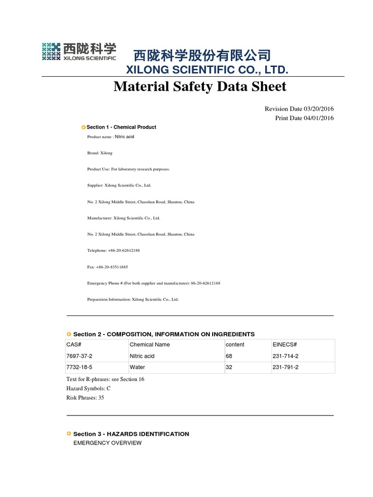 Nitric Acid Safety Data Sheet | PDF | Water | Dangerous Goods