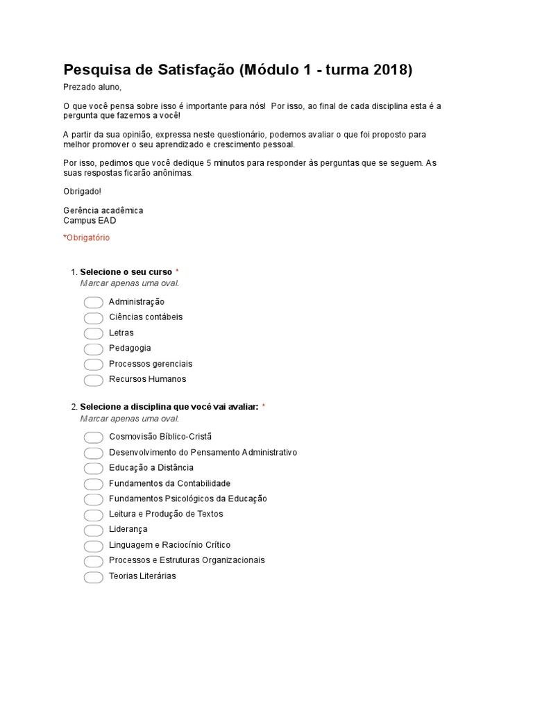 Questionário de Avaliação - Módulo 1 - 2018 - EAD | PDF | Aprendizado ...