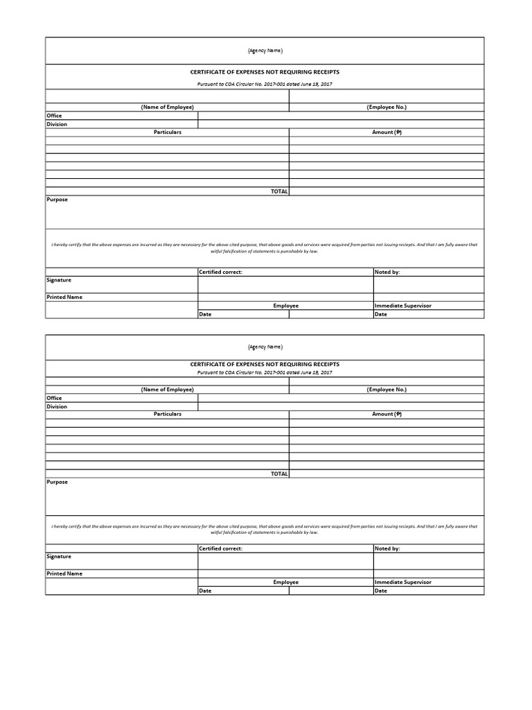 Cert of Expenses Not Requiring Receipts | PDF