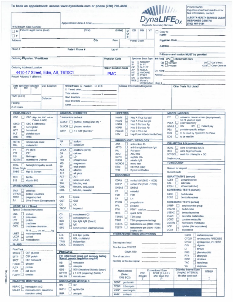 Dynalife Lab Form (2014) PDF
