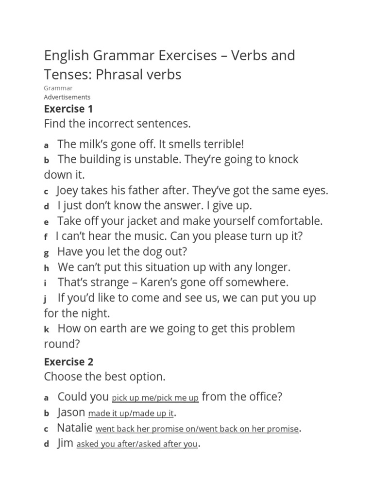 Phrasal Verbs Ejercicios Pdf Grammar Linguistics