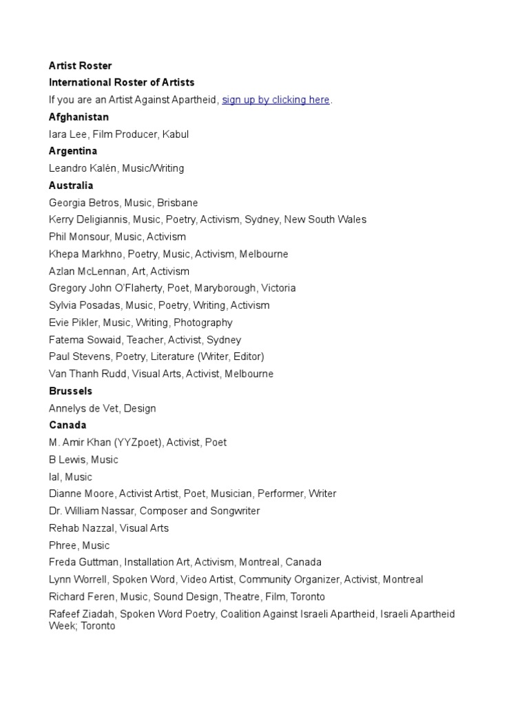 International Artist Roster Against Apartheid | PDF