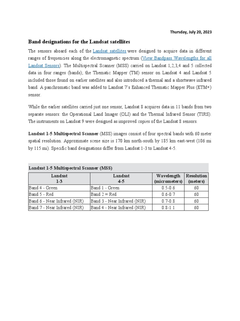 Landsat Satellite Band Designations Explained | PDF
