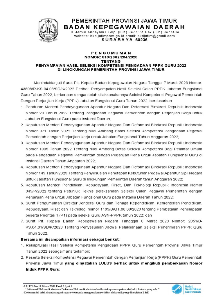 Pengumuman Hasil Kelulusan Pppk 2023