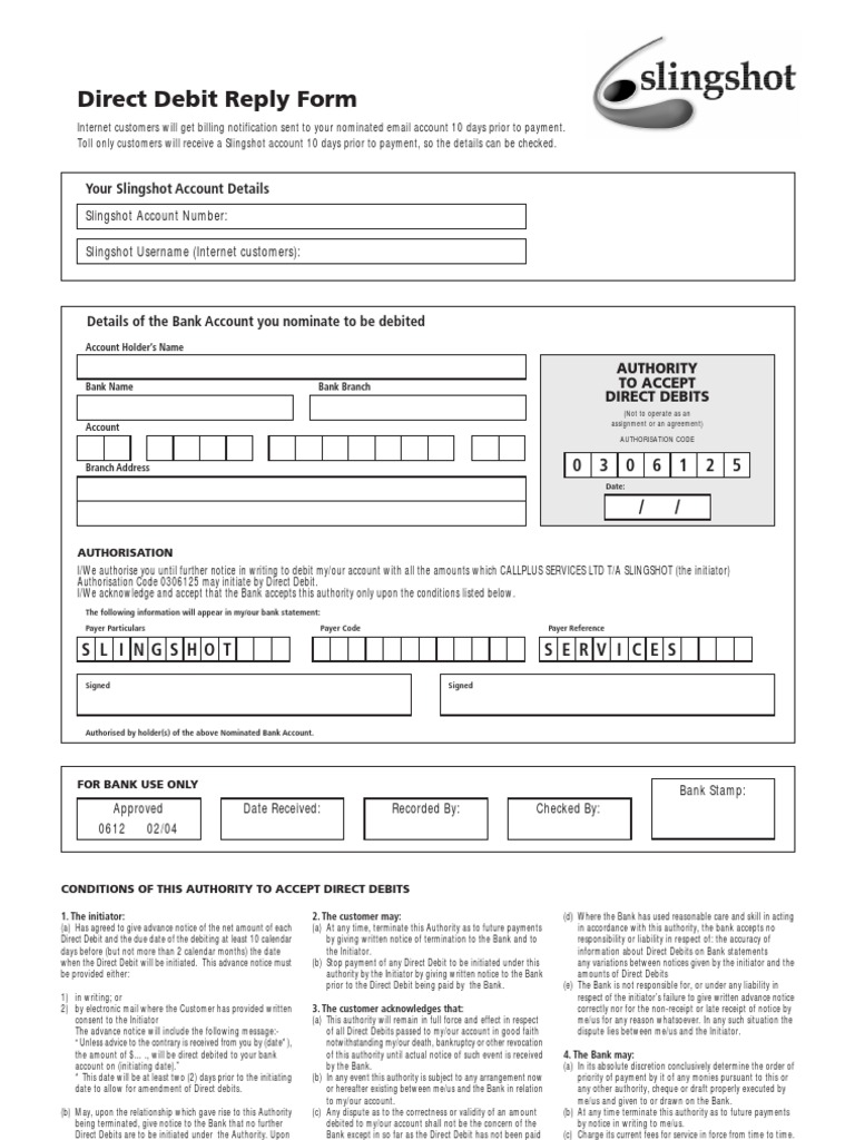 Direct Debit Authority Form and Terms and Conditions for Slingshot