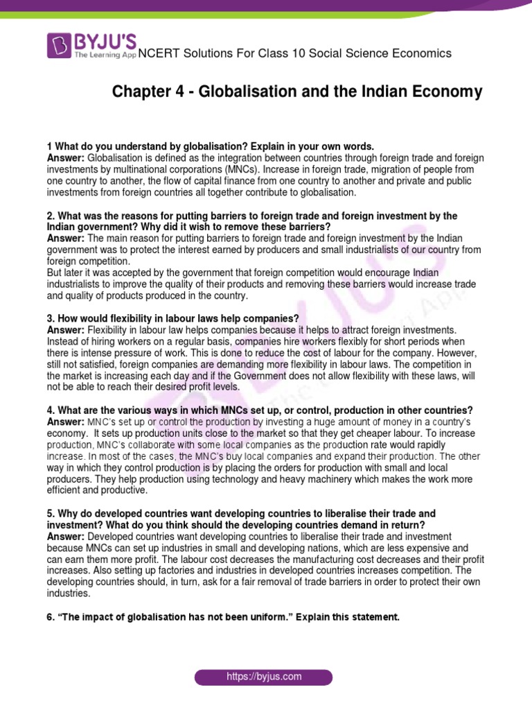 Class 10 Economics: Globalisation Q&A | PDF | Globalization | Labour ...