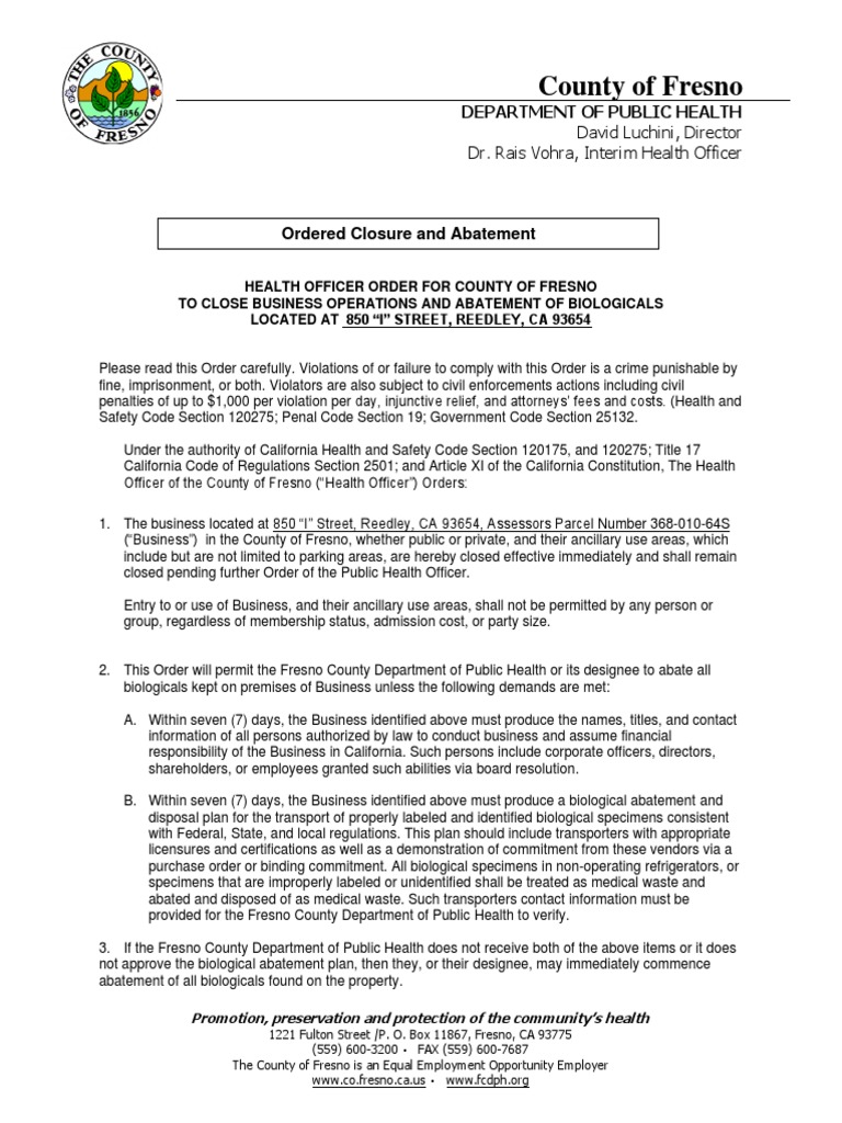 Fresno Business Closure Order | PDF