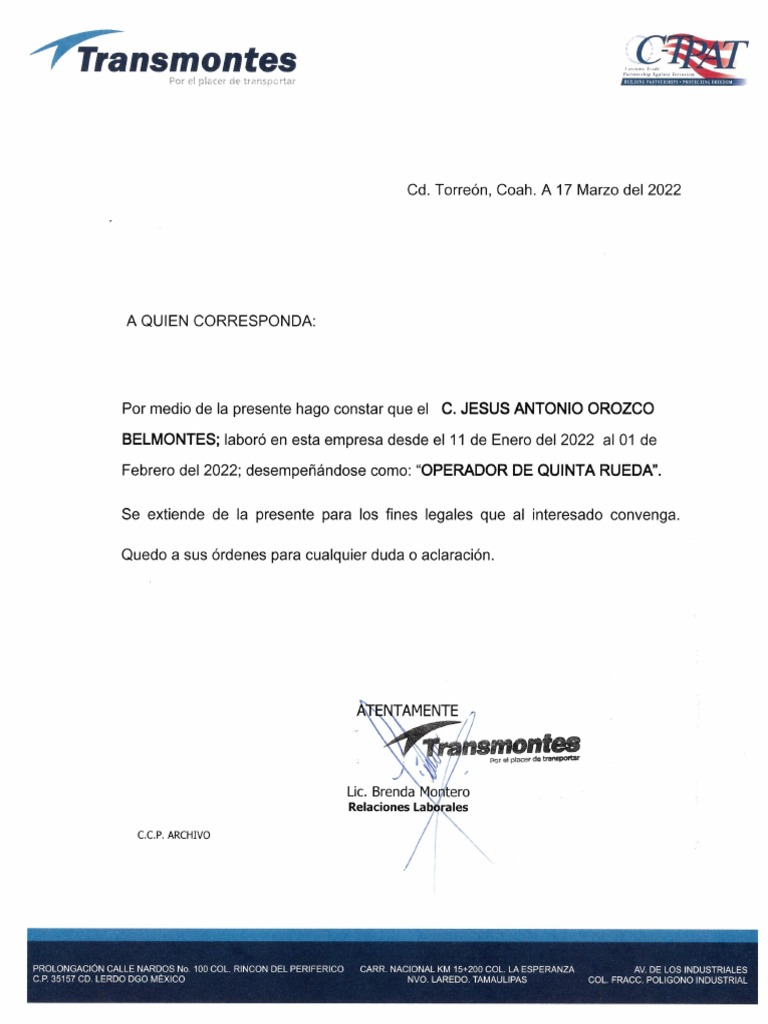 Transmotes Carta de Recomendación | PDF