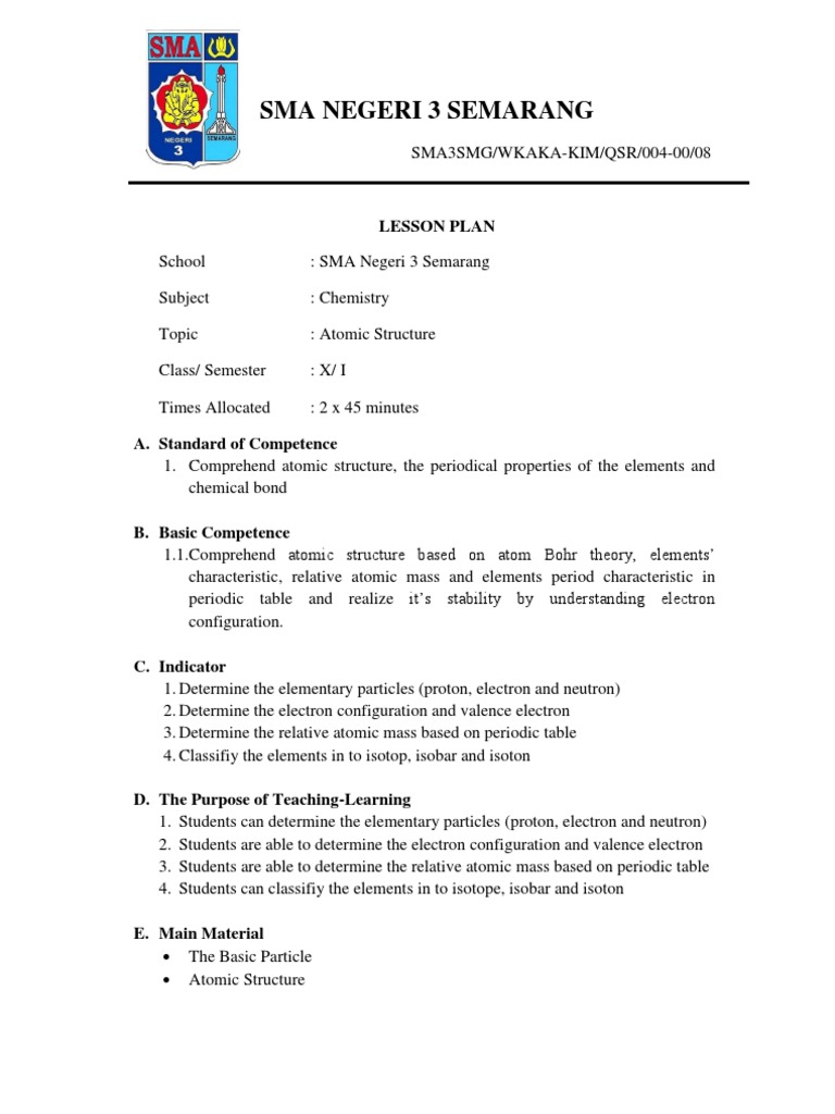 Chemistry Lesson Plan: Atomic Structure | PDF | Atoms | Isotope