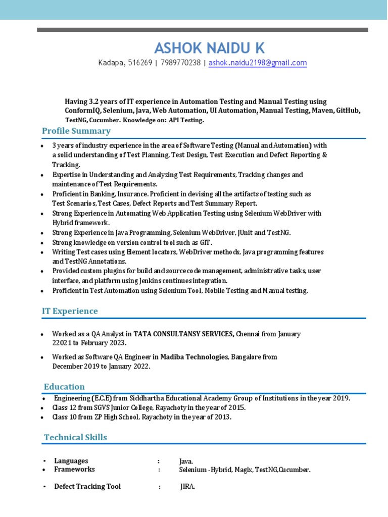 Ashok resume pdf selenium software java programming language 