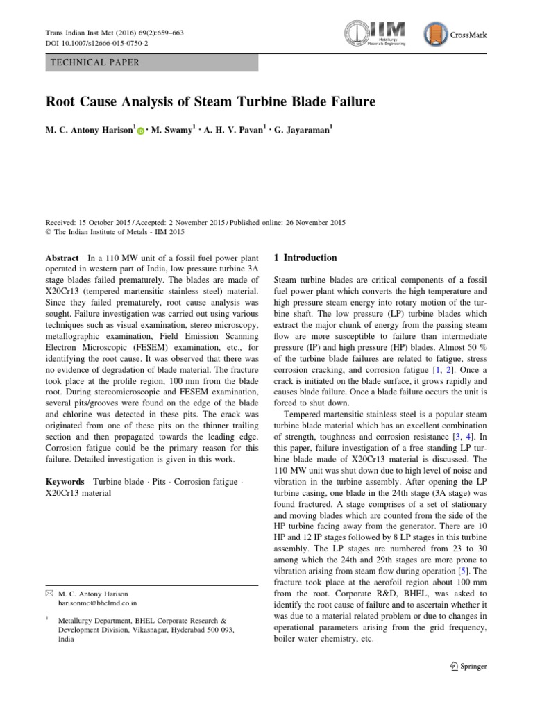Root Cause Analysis of Steam Turbine Blade Failure | PDF