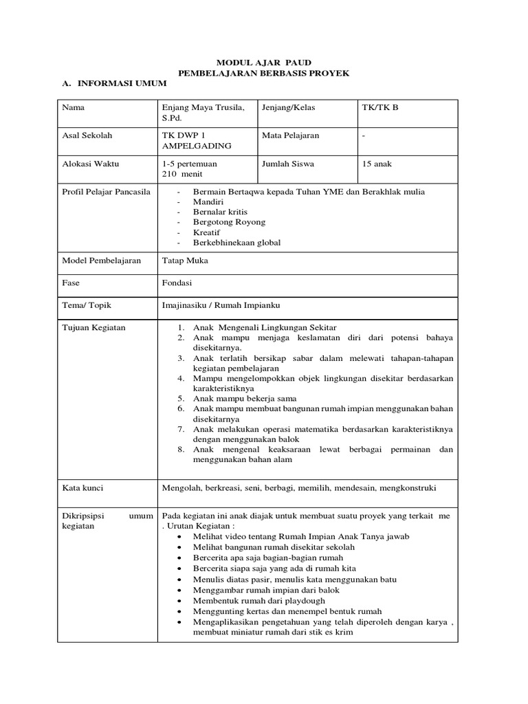 Contoh Modul Ajar Tema Imajinasi Rumah | PDF